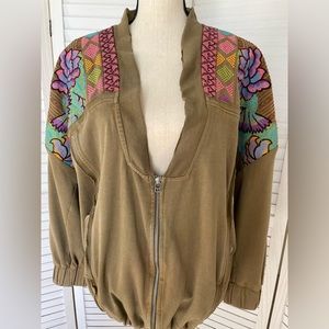 Free People Antigua Cardi Embroidered Jacket XS Zip Khaki Green